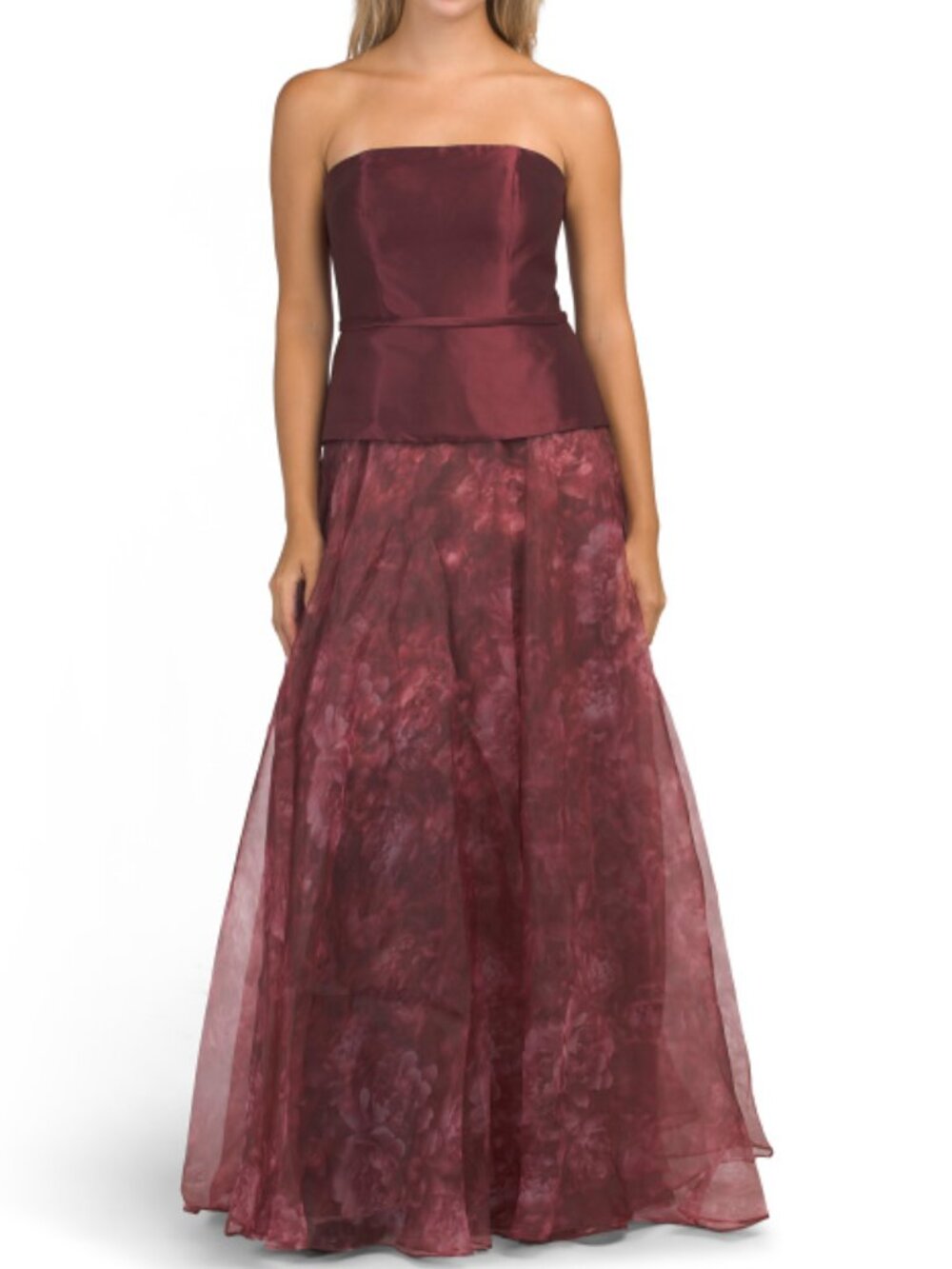 RENE BY RENE RUIZ Strapless Mikado Drop Waist Gown With Organza Skirt Overlay